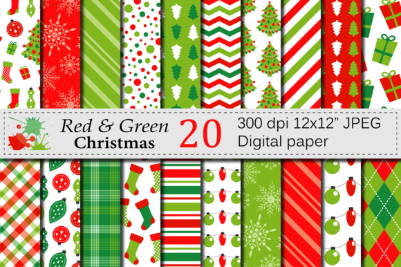 Download Red and Green Christmas Digital Paper Set - Christmas digital paper Collection