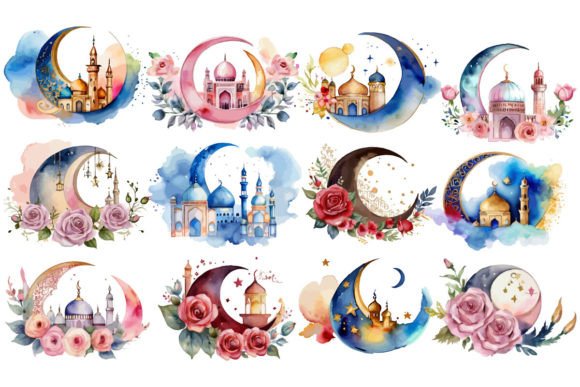 Download Watercolor Moon Ramadan Mosque Design - Ramadan Collection